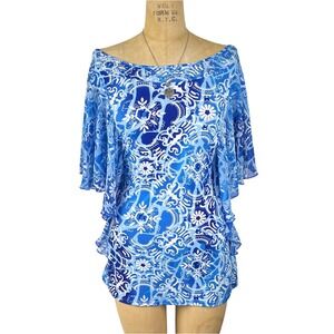Boho Fairycore Ruffle Top Rhinestone Paisley Tunic Blouse Dress Sz S Retro Funky